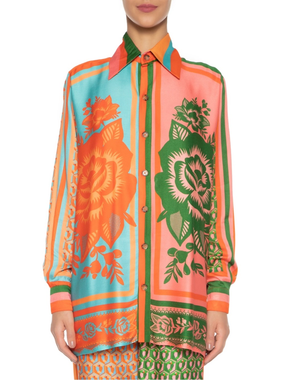 adidas Colorblock Floral Button-Up Shirt in Orange, Green & Teal